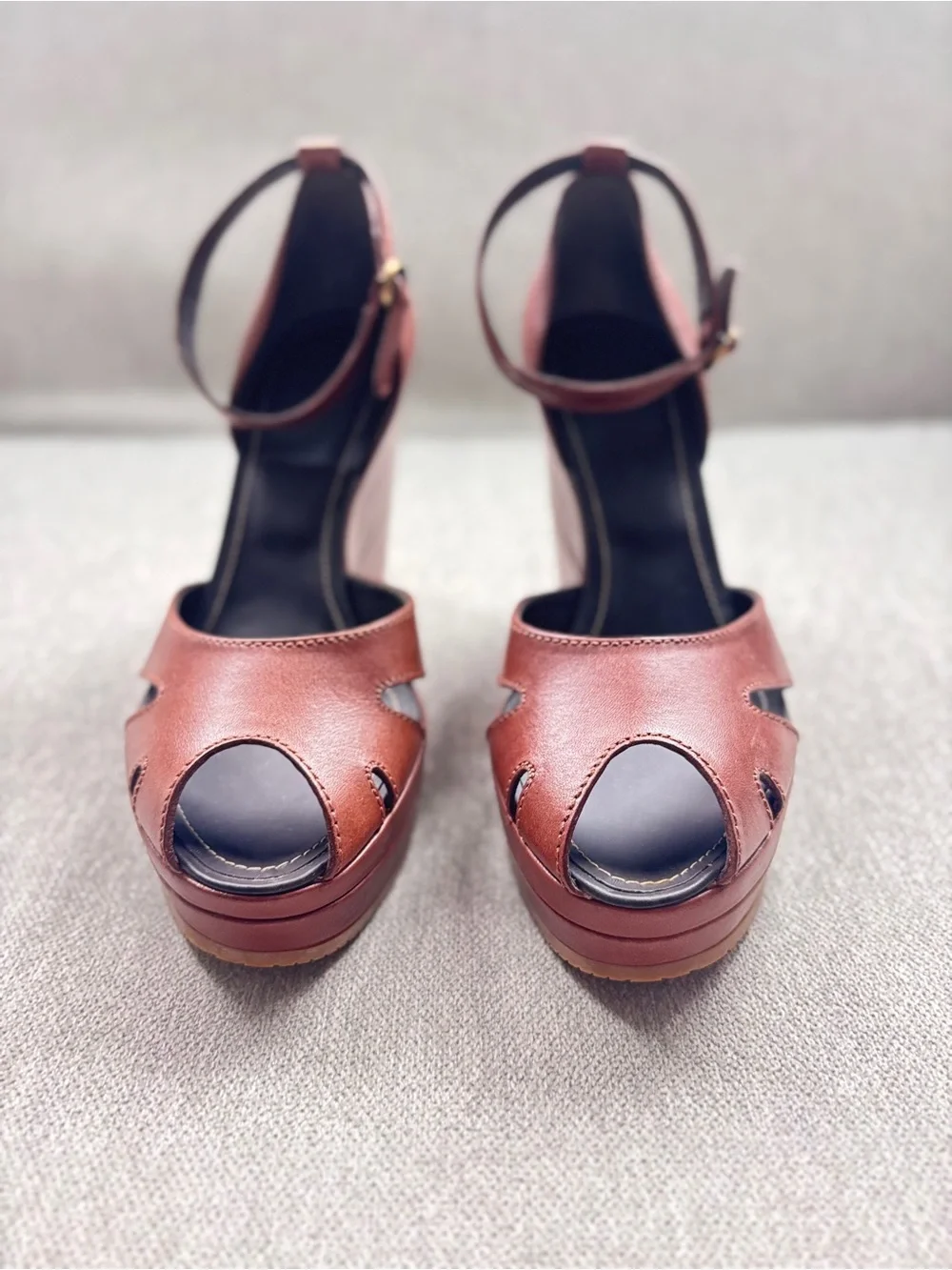 Hogan Italian Leather Peep Toe Platform Sandals Cocoa Brown EU 39 / US 9